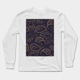 Pretty Gold Bohemian Art Paisley Floral Pattern Gradient Beige and Brown on Navy Blue Long Sleeve T-Shirt